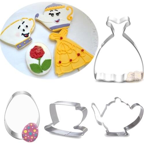 4pcs patisserie reposteria Teapot Cup Princess Dress Cookie Cutter Metal Mold Fondant Cake Decor Tools Biscuit Pastry Shop Mould