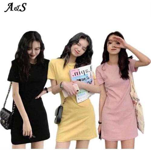 Anbenser Casual Loose Solid T Shirt Dress Women O Neck Mini Dresses Female Summer Short Sleeves Basic Dress Femme Vestidos Mujer