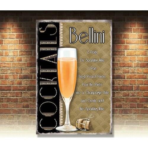 Bellini Cocktail Recipe, Pub Hotel Wine Bar Peach Drink, Small Metal Tin Sign