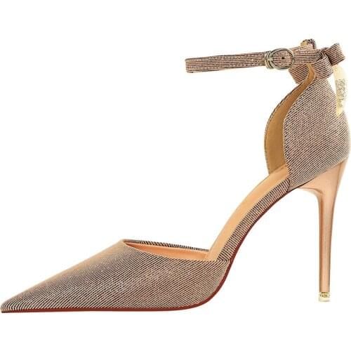 European and American style hollow thin heel large size shallow mouth pointed hollow one line sandal with back bow tie