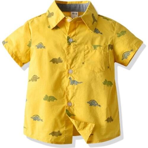 Breathable Summer Little Boys Shirt, Creative Cartoon Dinosaur Printing Short Sleeve Lapel Single-breasted Top Casual Clothes