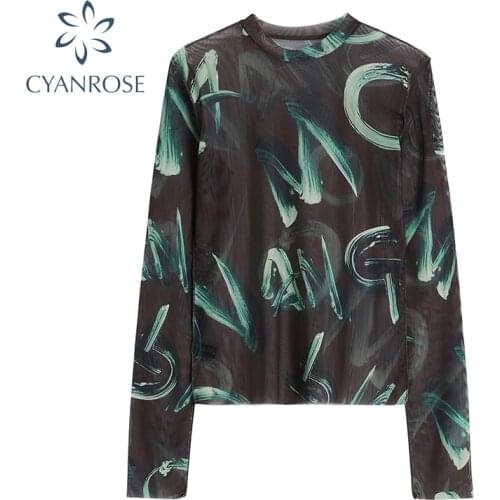Streetwear Transparent Mesh Tees Women 2021 Summer Long Sleeve Harajuku Crewneck Y2K T Shirt Female Chic Egirl Grunge Tide Tops
