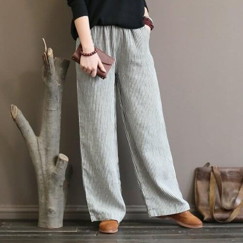 Johnature 2021 Women Casual Linen Pants Elastic Mid Waist Striped New Autumn Art Loose Fashion Straight Full Length Pants