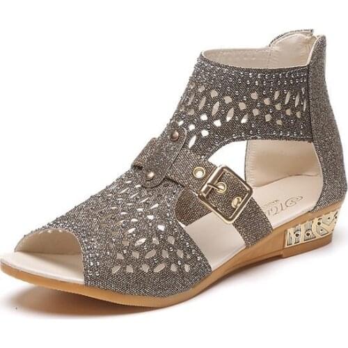 Summer Fashion Lady Fish Peep Toe Rhinestone Hollow Sandals Roman Shoes Gladiator Open Toe Bag Sandals Outdoor Zipper Flat Heel