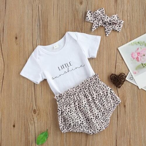 0-18 Months Baby Girls Summer Outwear Short Sleeves Romper + Leopard Print Shorts + Headband for Toddler 3Pcs Cotton Clothes