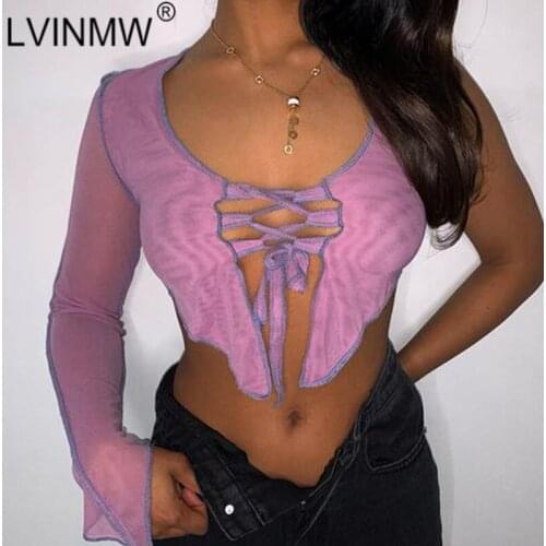LVINMW Square Collar One Shoulder Solid Designed Remake Crop Top Drawstring Shirring Hollow Out Casual Long Sleeve Woman T Shirt