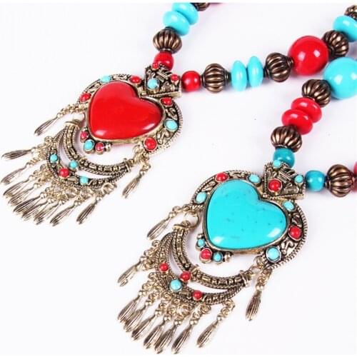 Maxi Big Statement natural stone and wooden bead heart shaped necklace and tassel pendant necklace. Womens bohemian jewelry