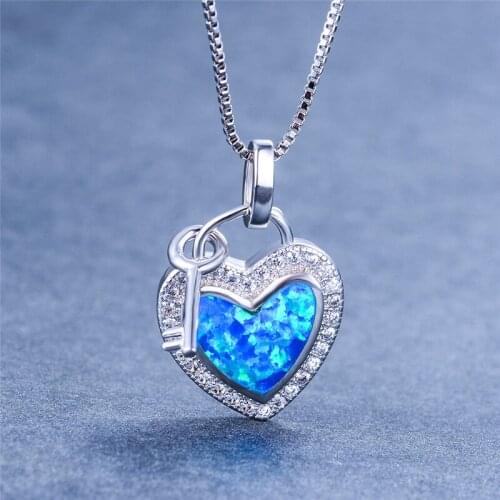 Cute Female Blue Fire Opal Pendants Necklaces Silver Color Heart Key Necklace Vintage Wedding Necklaces For Women
