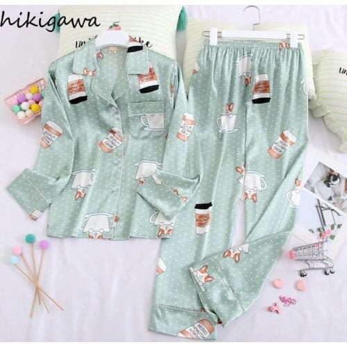 Hikigawa Korean Sweet Casual Cardigan Home Service Suit Female Thin Long-sleeve Trousers Ice Silk Pajama Fashion Loose Sleepwear