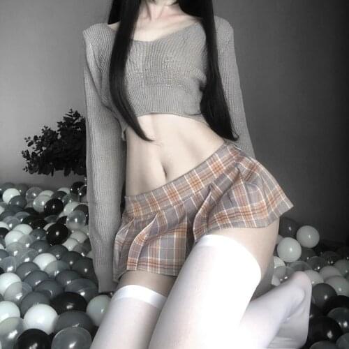 Miniskirt Pajamas Naughty Lingerie Erotic Cosplay Lenceria Sexy School Uniforms Student Costumes Off-Shoulder Sweater Tops 0HOS