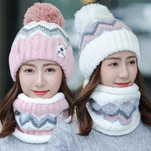 New Winter Hat for Women 2PCS Set Knitted Beanie Hat Girls Ladies Wool Scarf Caps Thick Warm Skullies Beanies Female Pom pom Cap