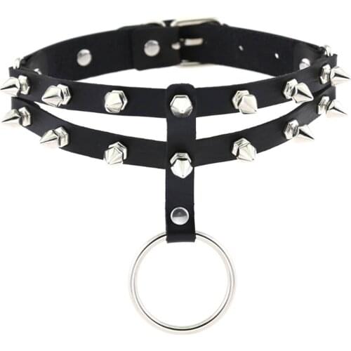 New hanging O-ring double row spiked rivets collar necklace fashion trend neck strap collarbone chain