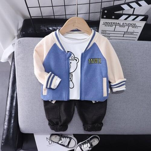 2021 autumn new fashion boys and girls solid color letter coat baby cute cartoon Baseball Jacket three piece set