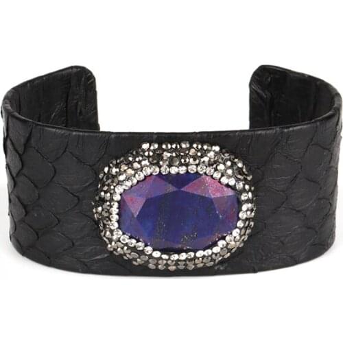 Pave rhinestone oval dark blue lapis lazuli stone bead charm resizable black leather wide wrapped open bangle cuff for women