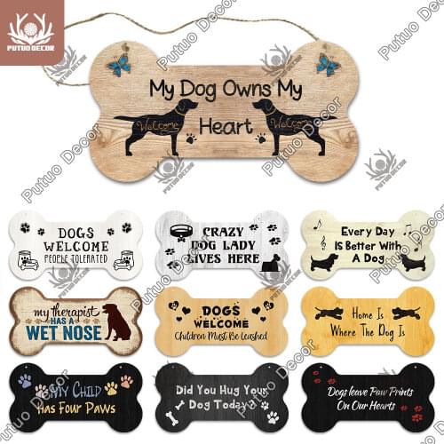 Putuo Decor Pet Dog Bone Sign Plaque Wood Lovely Love Friendship Hanging Plaque for Kennel Decoration Wall Decor Pooch Tag Gifts