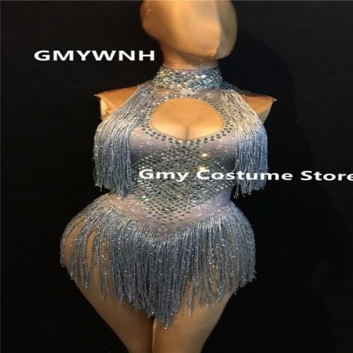 R95 Silver tassel bodysuit female ballroom dance costumes party jumpsuit singer dj dress bar wears outfits clothe party show ds
