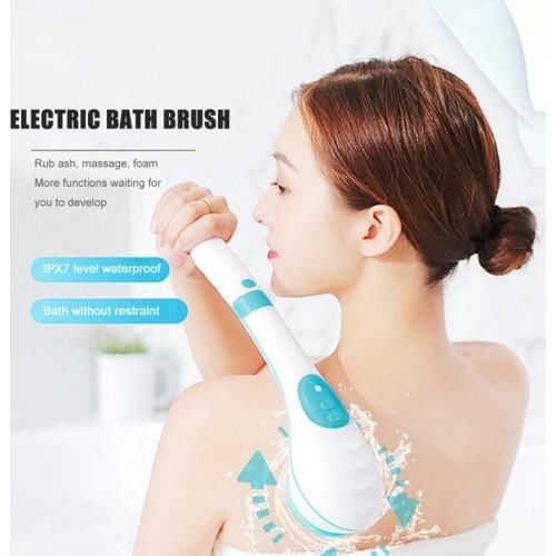 Electric Body Brush Shower Brush Long Handle Automatic Bath Brush with 5 Brush Heads Back Rubbing Massage Brush Cleaning Brush