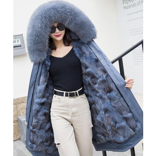 2020 Winter Women Real Fur Coat Jacket Natural real fox fur Liner and real fox Fur Collar Detachable Over the knee Parka coat
