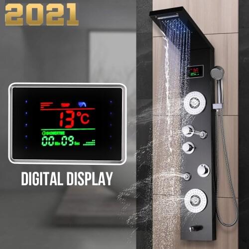 LED Light Shower Panels Wall Mounted 4 Function Waterfall Rain Set Bathtub Mixer Tap W/Hand Shower System