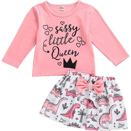 Toddler’s Spring Autumn Suits Long-Sleeves Top Crown Patterns + Short Skirt with Dinosaur Printing Outfit for Baby Girl 6M-4T