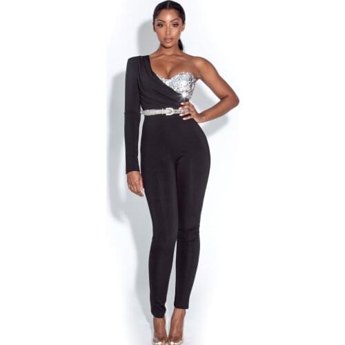Sexy New Fashion Women Designer Black Patchwork One Shoulder Backless Elegant Party Jumpsuit