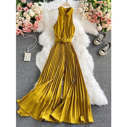 Womens Romper Spring Autumn 2020 Turn-Down Collar Sleeveless Vintage Playsuits Female Off Shoulder Pleated Jumpsuit New Fashion