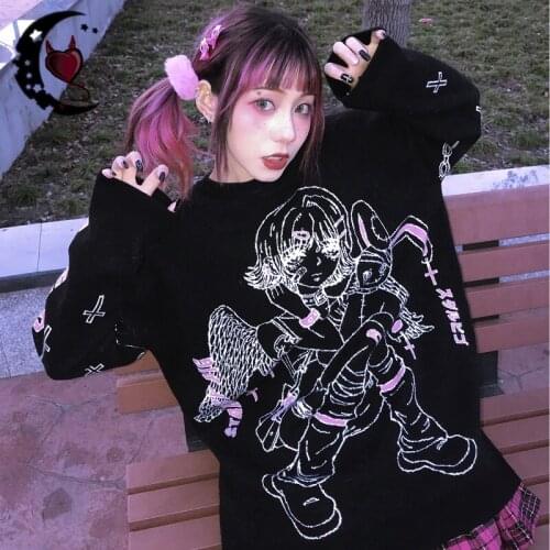 STARRY UFF Original Design Angel Cartoon Harajuku Dark Girls Cute Autumn Winter Women Loose Knitted Sweater Japanese