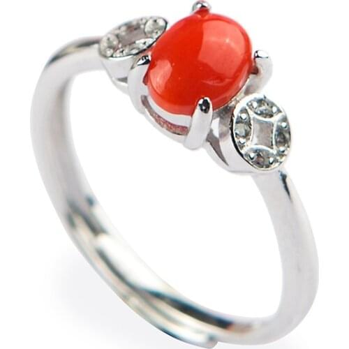 Genuine Natural Red Coral Gems Stone Bead Women Lady Adjustable Size Anniversary Ring 7*5mm