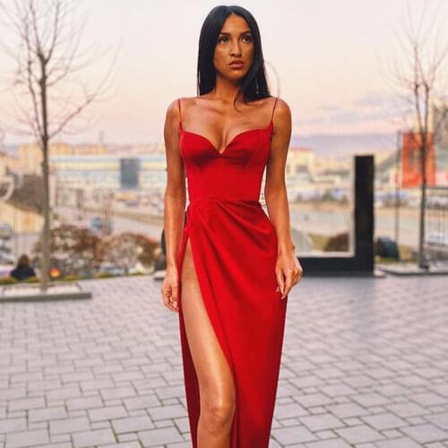 Fashion Women Fashion Solid Color V-neck Fork Opening Strap Sleeveless Slim Bodycon Split Evening Party Long Dress Vestidos