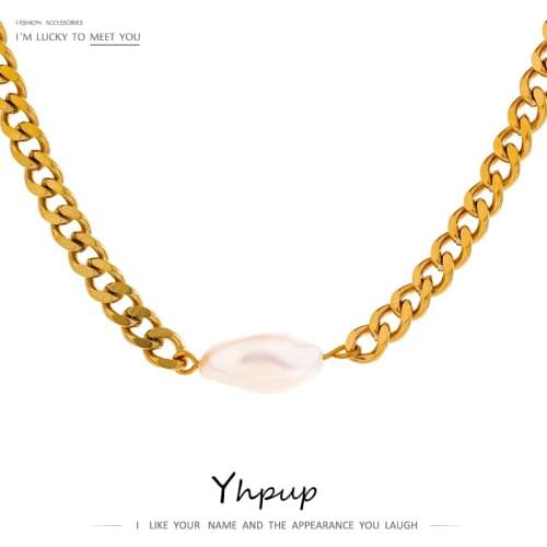 Yhpup Stainless Steel Natural Pearl Necklace Luxury Jewelry Real Gold Necklace For Women Charm Metal цепочка на шею женская