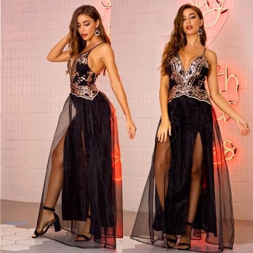 2020 Summer Deep V Neck Sequin Dresses for Women Mesh Backless Elegant Patchwork Dress Sexy Side Split Black Dress Club Wear