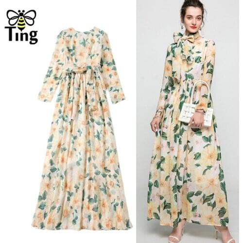 Tingfly Vintage Elegant Flower Print Silky Chiffon Summer Maxi Party Dresses Long A Line Women Retro Long Dress Elibise Vestidos