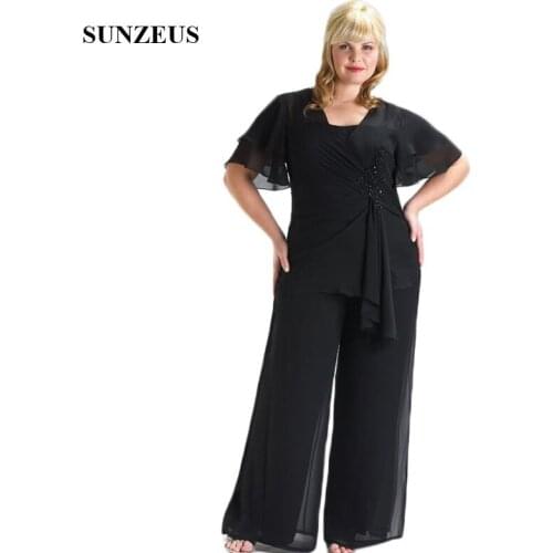 Plus Size Mothers Dress with Short Sleeve Pleats Beaded Elegant Groom Mother Dresses Pants Chiffon Formal Party Suits SMD77