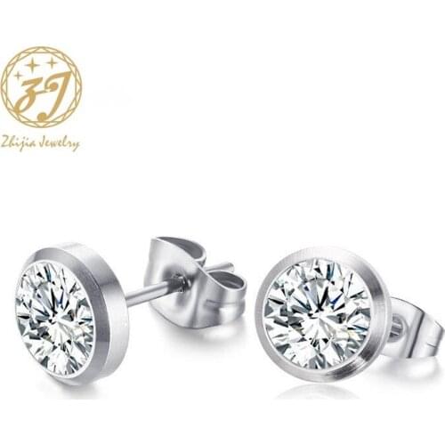 Zhijia Classic White Cubic Zircon Stud Earrings Fashion Stainless Steel Crystal Earrings jewelry for Men Women Free Shipping