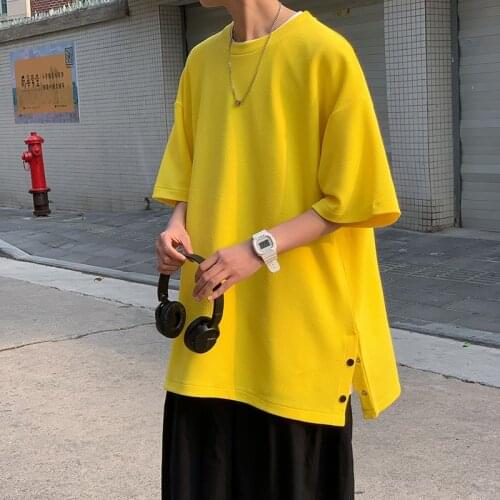 Fashion Solid Color T Shirt Mens Loose Slit Tshirt Men Streetwear Tees Summer Japanese Casual Oversized 4 Colors Short Tops