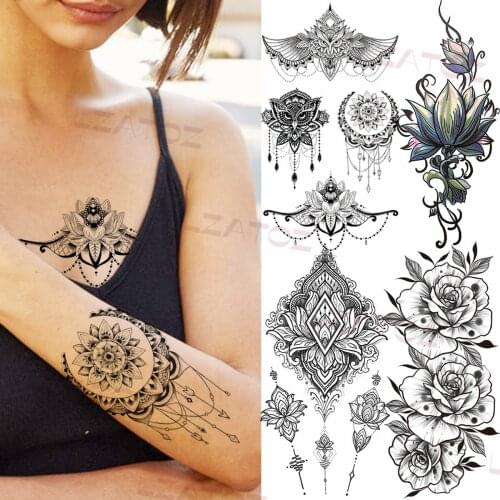 Geometric Mandala Flower Moon Sun Temporary Tattoos For Women Adult Rose Lotus Realistic Fake Tattoo Forearm Transfer Tatoos