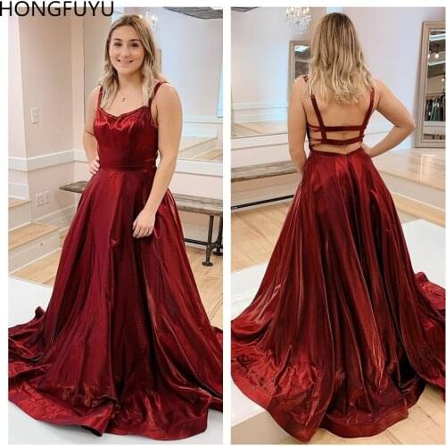 HONGFUYU Cross Dyed Shimmer A-line Evening Dresses Taffeta Vestidos Party Gowns With Pockets Strappy Open Back Prom Gowns Formal