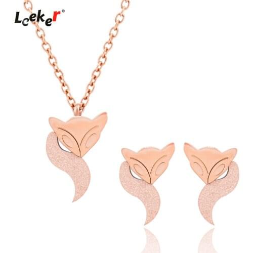 LEEKER stainless steel necklace earring set rose gold color fox animal jewelry for women 029 LK2