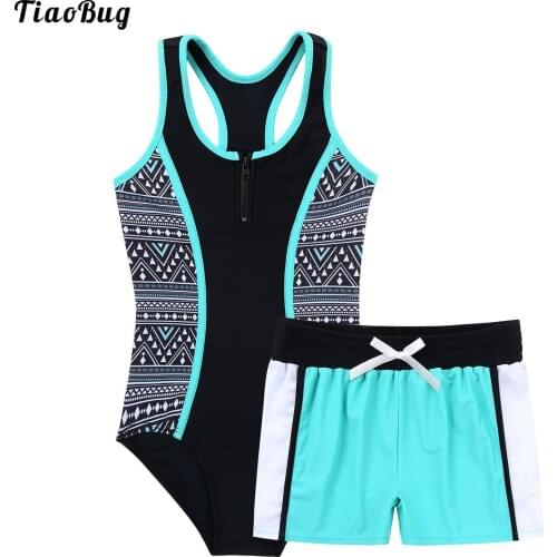 Summer 2Pcs Kids Girls Swimming Suit One-Piece Round Neck Sleeveless Racer Back Jumpsuit And Boyshorts Set Beach Swimwear