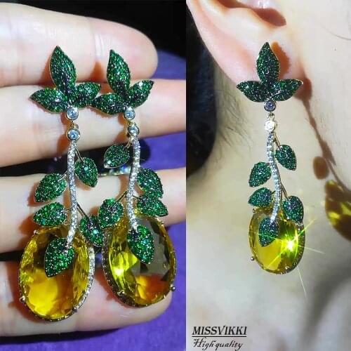 Missvikki High Quality Luxury Clear Yellow Pink Drop Pendant Earrings for Women Bridal Wedding Party Show Earrings Jewelry Dubai