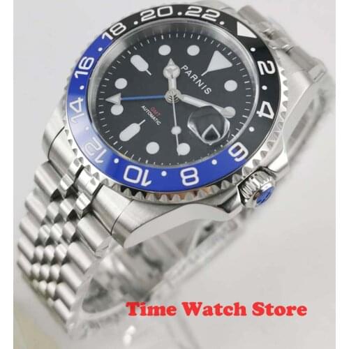 Parnis Mechanical watch men luminous waterproof stainless steel bracelet black dial Auto GMT sapphire ceramic bezel wrist 40mm