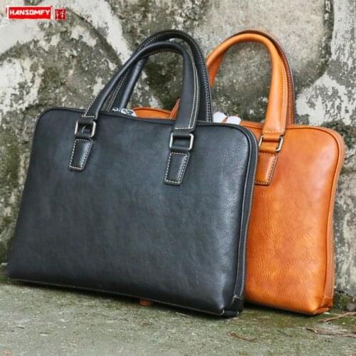 Vegetable Tanned Leather Cowhide Mens Briefcase Leather Handbag Laptop Bag Casual Shoulder Messenger Bags Business Male