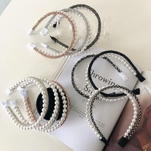 Pearl full diamond headband fashion hair accessories women princess wind thin side double root double-layer rhinestone hair band