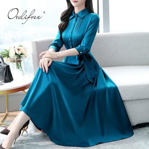 Ordifree 2021 Autumn Women Party Dress Elegant Lady Belted Silk Shiny Burgundy Satin Midi Dress