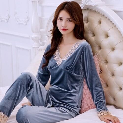 Pijamas Sexy Sleep Wear Velvet Tops for Womens Two Piece Sets Pajamas for Women LongSleeve Sleepwear Sleep Tops Trousers Pyjamas