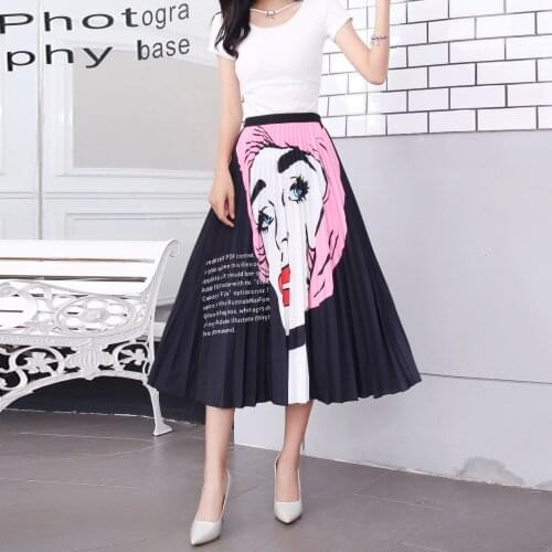 Pleated Skirt Women Print Cartoon Pattern Elastic Women Skirt Big Swing Party Holiday high waist Midi skirts elegant