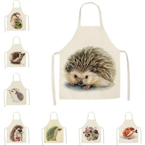Linen Cartoon Hedgehog Theme Print Kitchen Aprons Unisex Dinner Party Cooking Bib Funny Pinafore Cleaning Apron 55x68cm