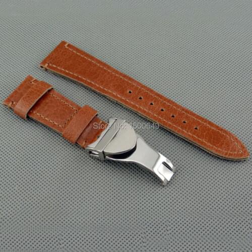 Corgeut 22mm Brown soft strap with white line good deployment buckle blet watchband fit male watches