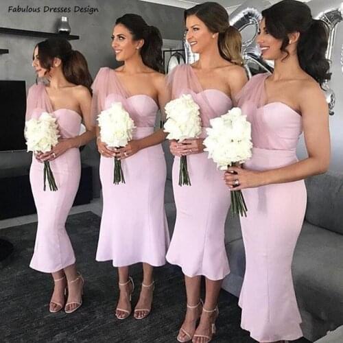 Stylish Tea Length Bridesmaid Dresses Short Mermaid One Shoulder Pink Wedding Party Dress Robe De Soirée De Mariage