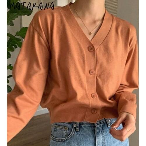 Matakawa Knitted Cardigan Autumn Fashion V Neck Long Sleeve Single Breasted Womens Sweaters Korean Solid Slim Short Sueter
